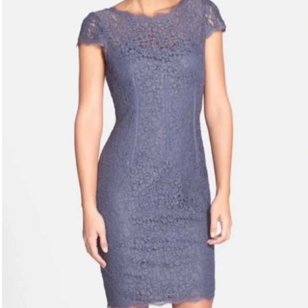 ADRIANNA PAPELL Gunmetal Lace Cap Sleeve Illusion Sheath Dress Sz. 10